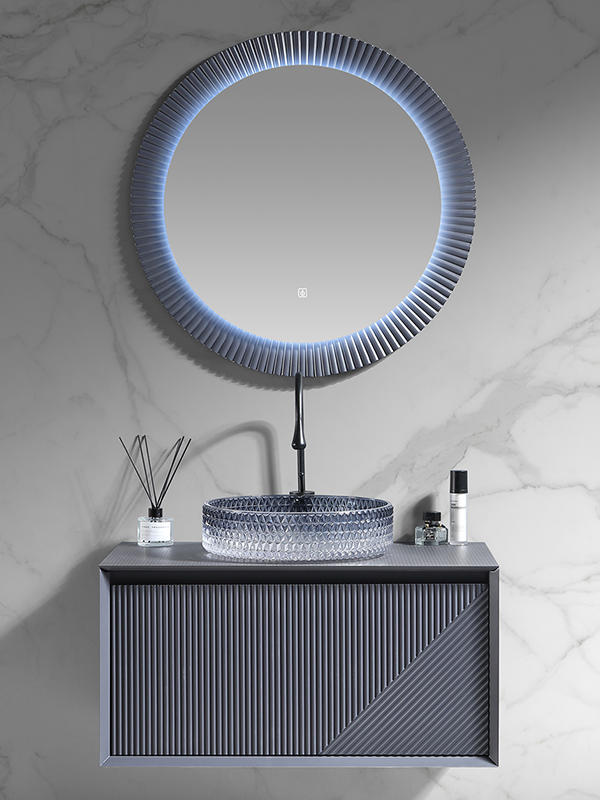 New design Dark grey PVC Morden Style Wall mounted Bathroom Vanity set Bathroom Cabinet with Crystal glass basin