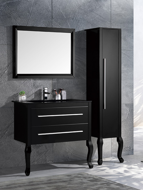 Mueble de baño de pie negro con patas de madera maciza