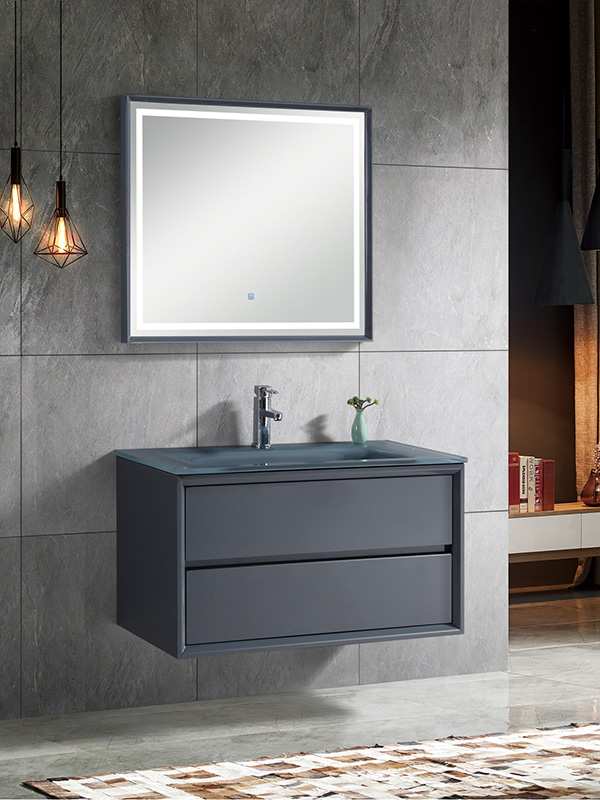 Juego de mueble de baño colgado en la pared gris oscuro de alto brillo moderno y elegante de 90CM