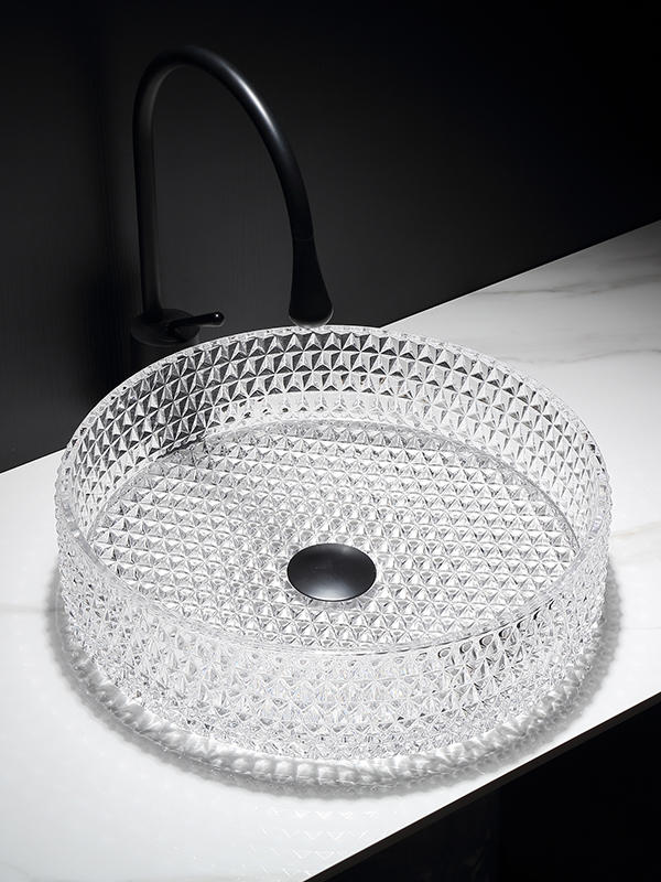 China Wholesale Low Price Countertop Crystal glass basin transparent round Vanity Unit Bathroom Sink Art Basins 	