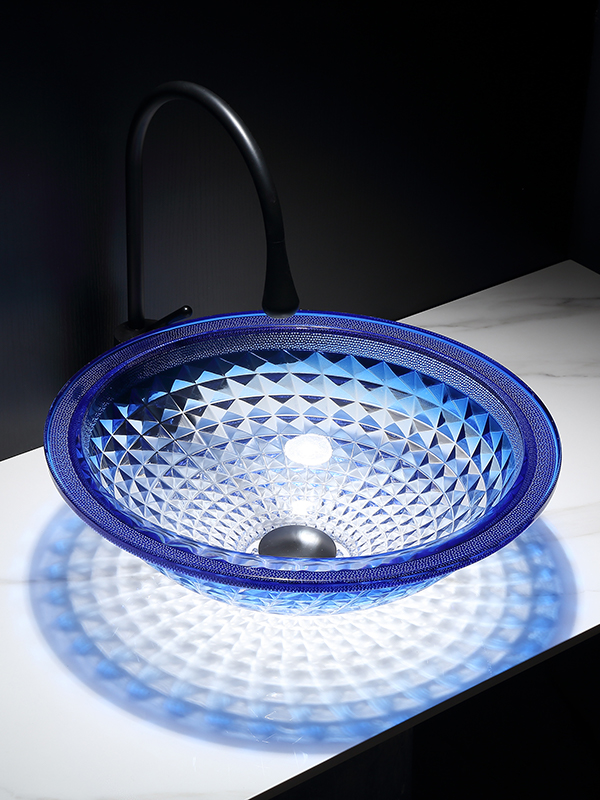 Blue Transparent Crystal Diamond Bathroom Glass Basin Wash Basin Counter Top Sink	