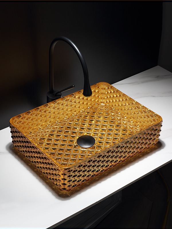 Ultra luxury Rectangular Electroplating Golden Crystal glass basin Bathroom Sink Art Basins 	