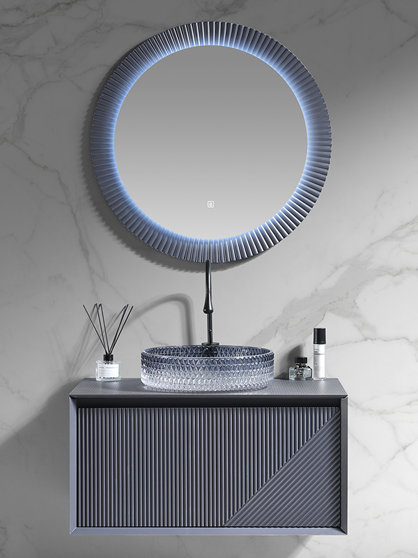 Nuevo diseño, gris oscuro, PVC, estilo Morden, juego de tocador de baño montado en la pared, mueble de baño con lavabo de cristal