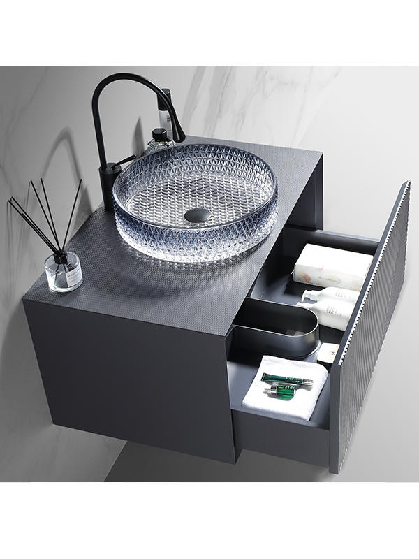 New design Dark grey PVC Morden Style Wall mounted Bathroom Vanity set Bathroom Cabinet with Crystal glass basin