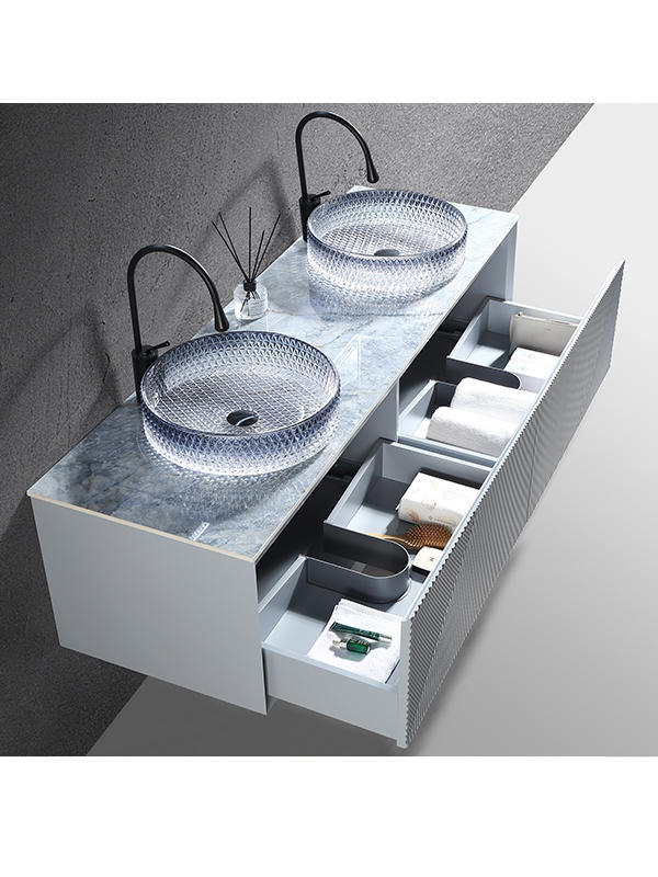 Wall mounted Convex-concave pattern Modern style Bathroom Vanity set Bathroom Cabinet with Double Crystal glass basins