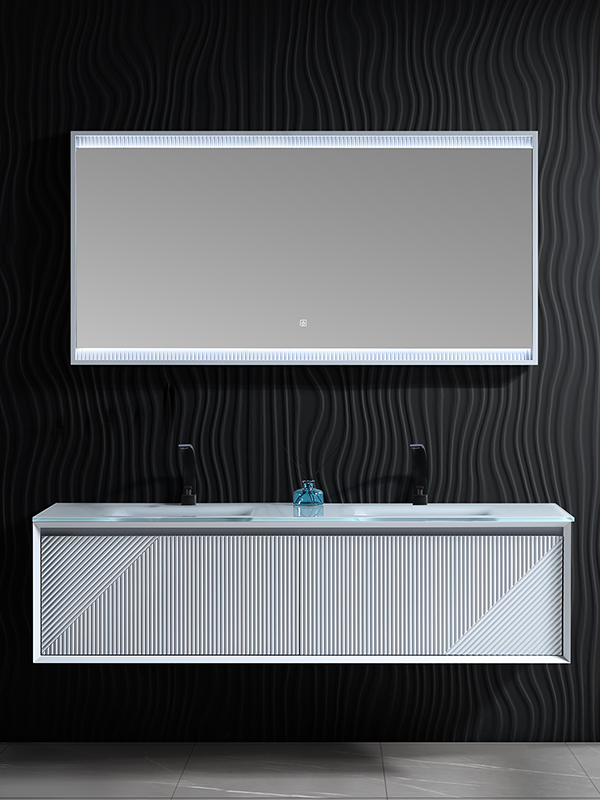 Grey Wall mounted Convex-concave pattern Modern style Bathroom Vanity set Bathroom Cabinet with Double glass basins and LED mirror 