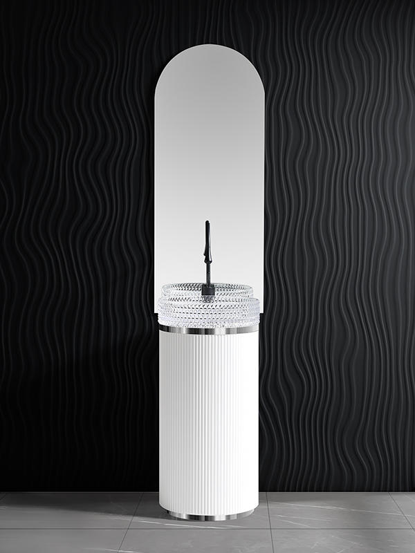 PVC Freestanding pedestal bathroom vanity with Transparent crystal glass basin