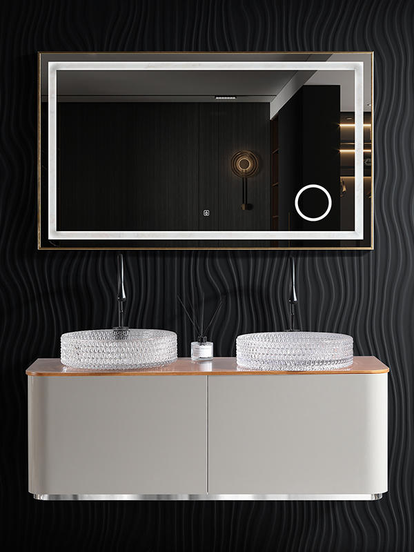 New design Bath Waterproof Wooden Wall Mounted Bathroom Vanity / Double Sink Bathroom Cabinets with LED mirror 
