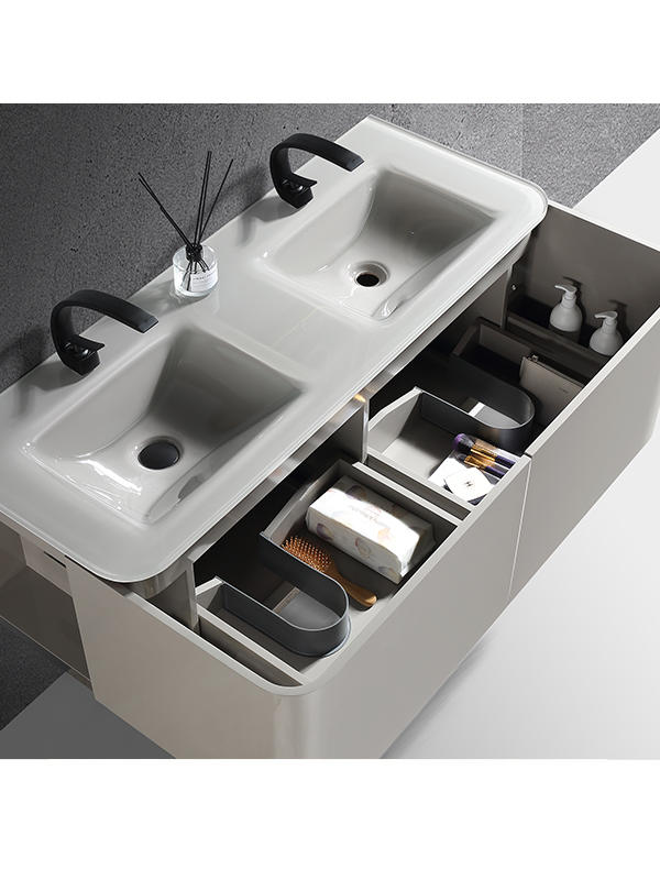 China Wholesale Bathroom Hotel/Home Modern Bathroom Furniture Set Vanity With Intelligent mirror magnifying glass and Double bowls Glass basin