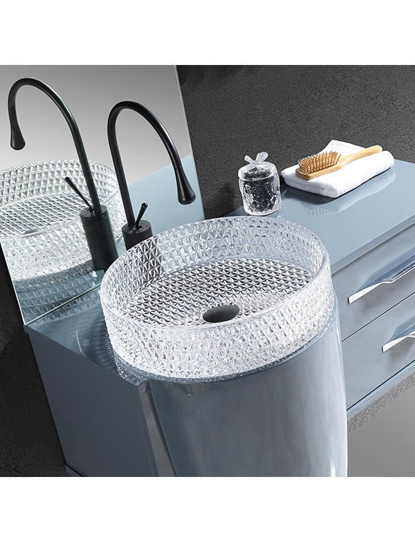 Factory Directly Sell Freestanding modern bathroom furniture with Crystal glass basin
