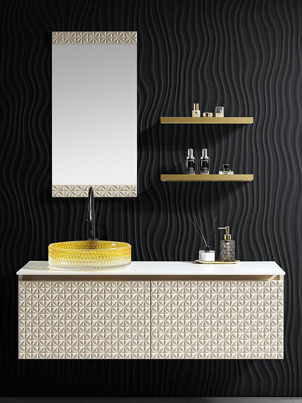 High end Beige Wall Hung Bathroom Cabinet Luxury Europe Wood Bathroom Vanity with Crystal glass basin