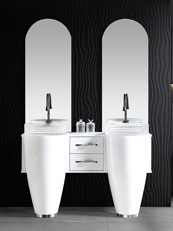 Freestanding Bathroom Cabinet Storage Cupboard Unit with Double Crystal glass basins and 2 drawers