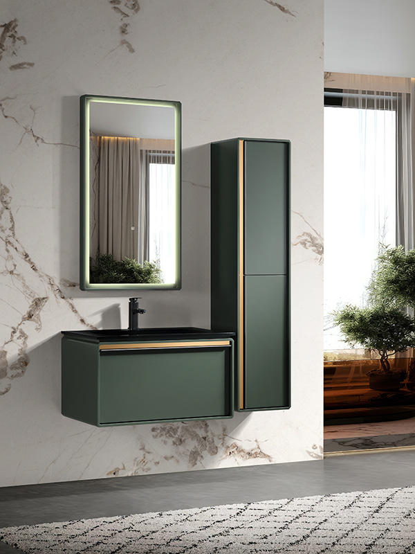 New design Dark Green PVC Modern Style Wall mounted Bathroom Vanity set Bathroom Cabinet with Side cabinet