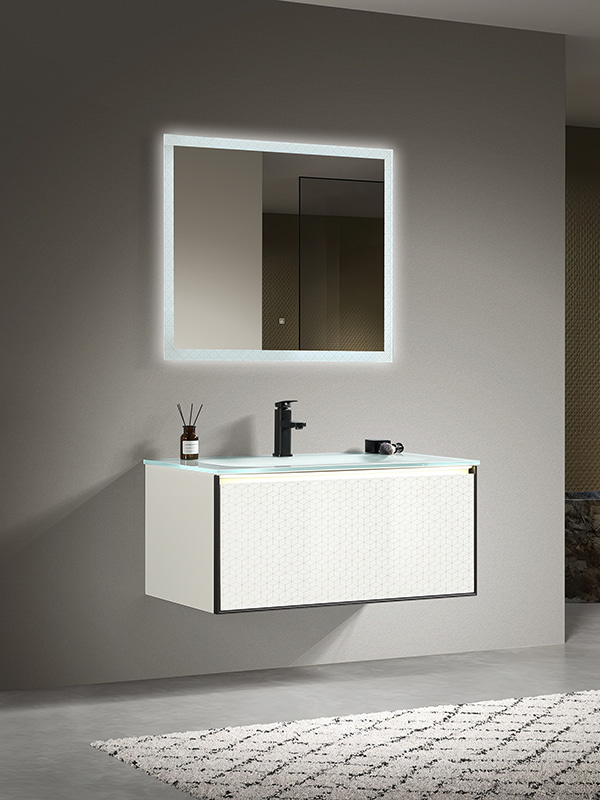 White Modern PVC Bathroom cabinet set with clear glass basin