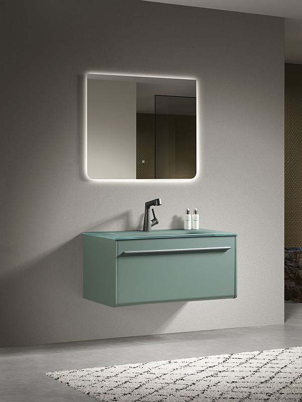 Matt Green PVC Bathroom cabinet set with LED mirrors and Matt Glass basin