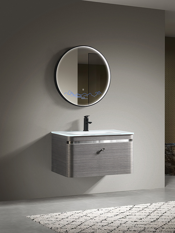 Curved PVC Modern Bathroom cabinet set with LED mirrors and white Glass basin