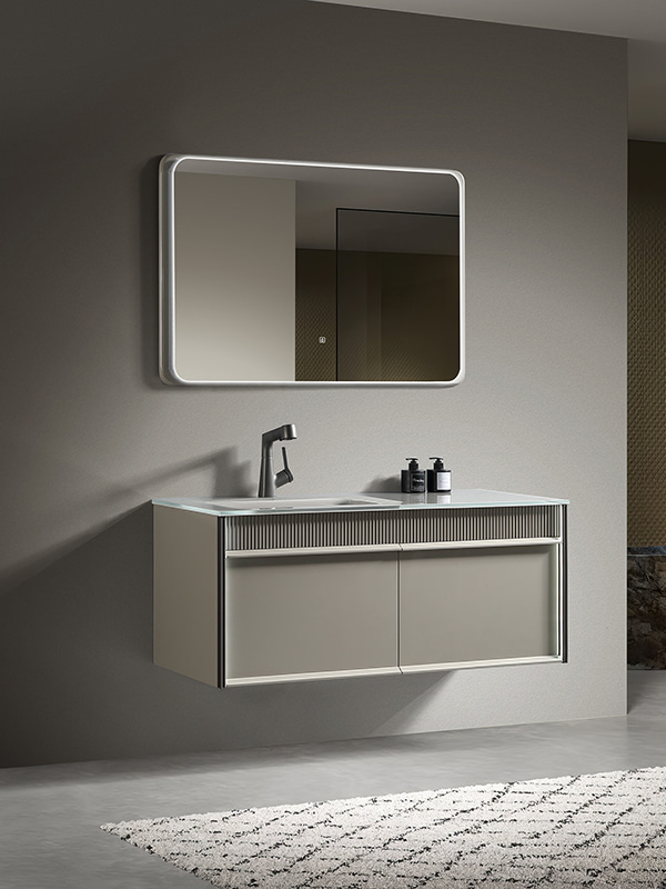 Modern Warm grey Bathroom cabinet set with LED mirrors and Glass basin