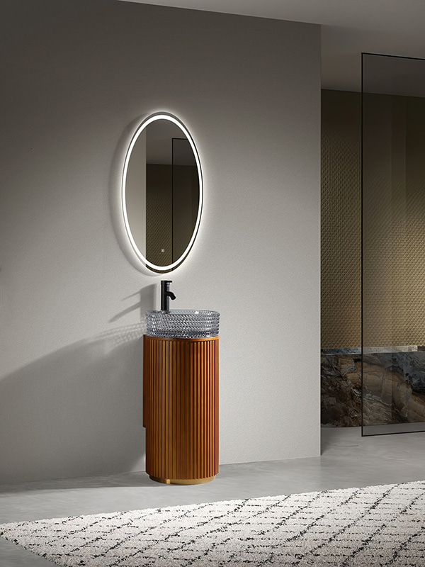 Soliwood Freestanding pedestal bathroom vanity with Transparent crystal glass basin      