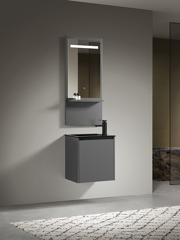 Small size PVC Bathroom cabinet set with LED mirrors and Black Glass basin