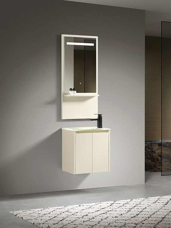 Small size Ivory PVC Bathroom cabinet set with LED mirrors and Glass basin