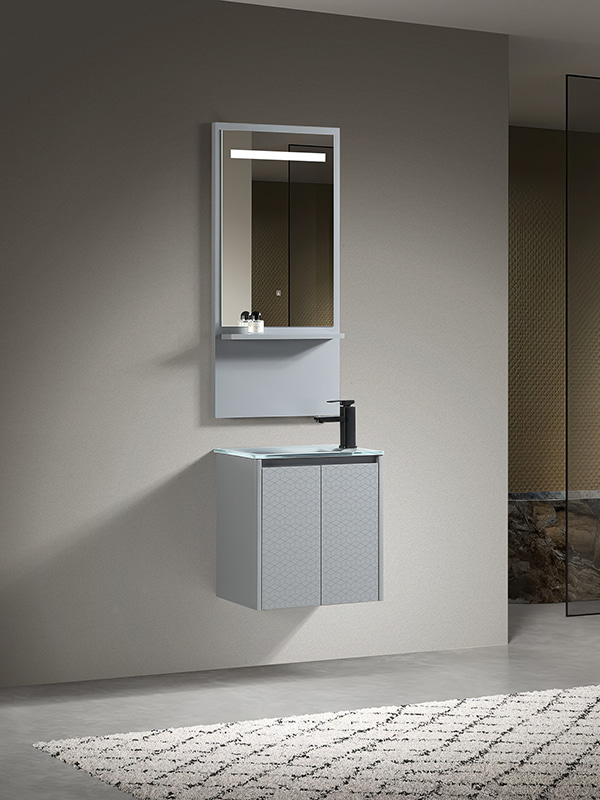 Small size Grey PVC Bathroom cabinet set with LED mirrors and Glass basin