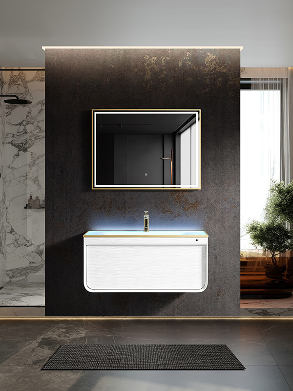 Glass vanity with LED glass basin White Wall mounted Gleamy Bathroom Vanity set