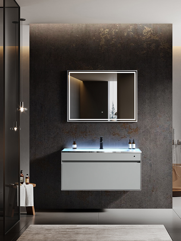Inductive switch LED Glass basin Grey Color Wall mounted Gleamy Bathroom Cabinet Vanity set