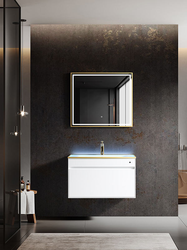 Inductive switch LED Glass basin White Color Wall mounted Gleamy Bathroom Cabinet Vanity set