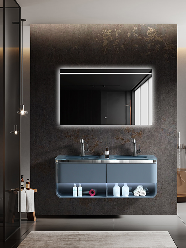 LED Radar sensors Bathroom cabinet Dark grey Wall mounted Bathroom Cabinet Vanity set with double bowls