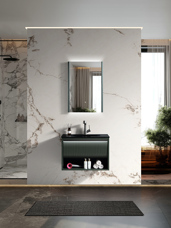 LED Radar sensors Luxury Dark Green Wall mounted Bathroom Cabinet Vanity set with black glass basin 