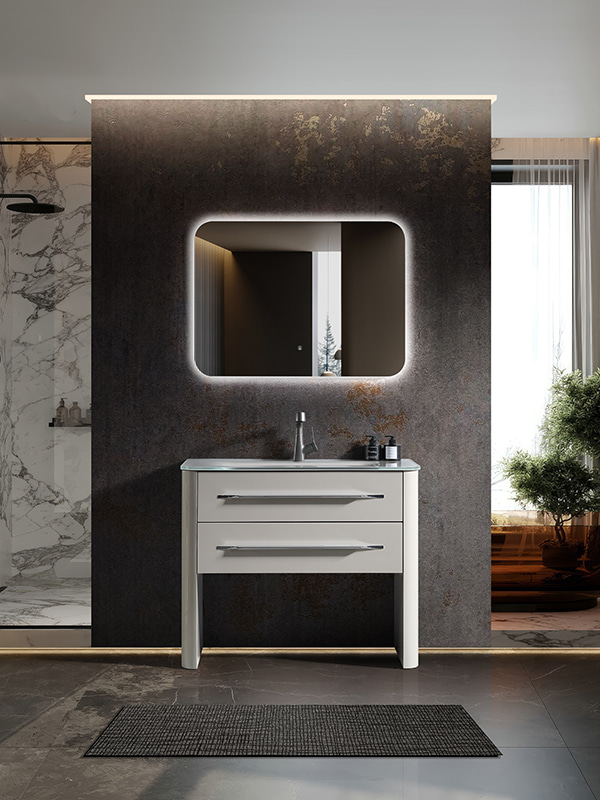 Warm Grey PVC Freestanding Bathroom Cabinet Vanity set with single bowl and luxury metal handles